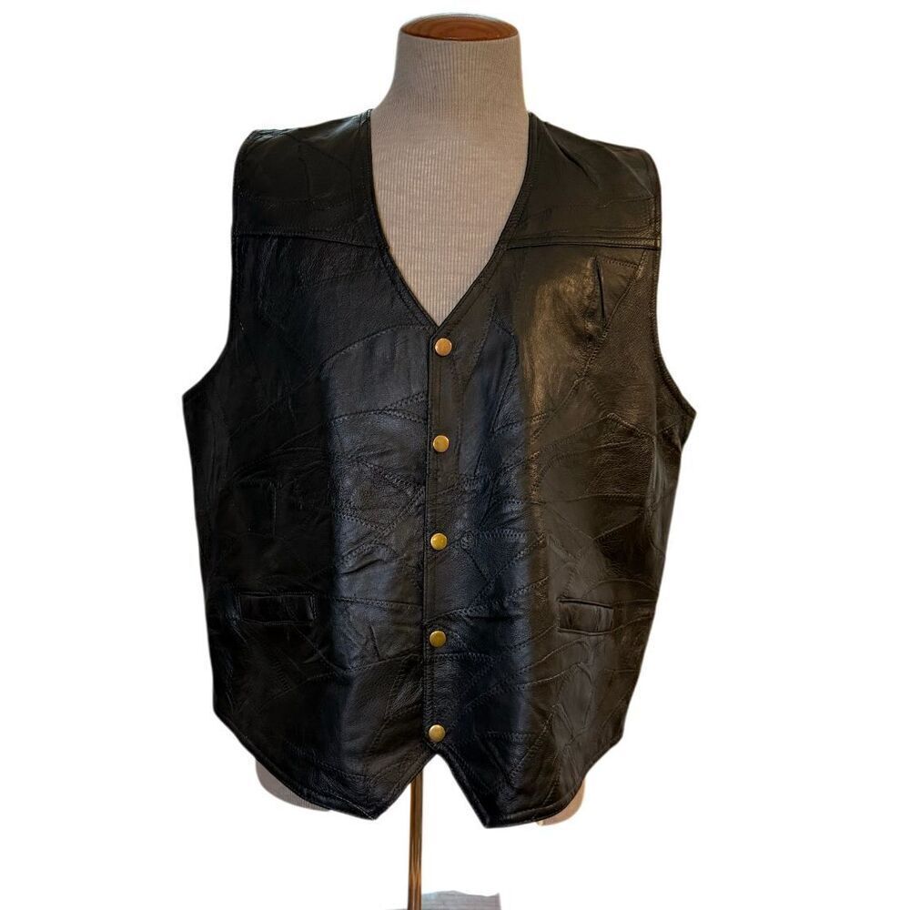 Giovanni Navarre Italian Stone Design Leather Vest Brass Snaps Pockets XXL